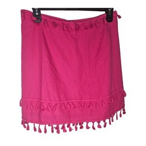 Pink Tassel Mini Skirt Women's M Cotton Linen Blend Boho Fringe Festival